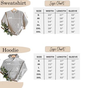 May include: Size chart for sweatshirts and hoodies. The chart shows the width, length, and sleeve length in inches for sizes S, M, L, XL, 2XL, and 3XL.