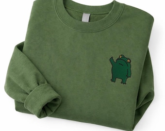 Embroidered Frog Sweatshirt, Funny Meme Animal Pullover, Lover Gift