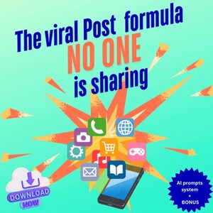 May include: An infographic with the text "The viral Post formula NO ONE is sharing" in blue and orange. It features app icons, a smartphone, and a cloud with "DOWNLOAD NOW". A bonus starburst graphic is also included.