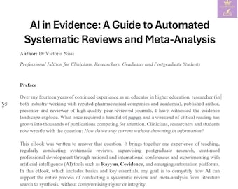 Peut inclure: Couverture de livre intitulée "AI in Evidence: A Guide to Automated Systematic Reviews and Meta-Analysis" par Dr Victoria Nissi. La couverture blanche présente un texte noir. Édition professionnelle pour cliniciens, chercheurs et étudiants.