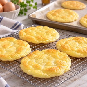 May include: Several round, golden-yellow cloud breads rest on a metal wire cooling rack. The baked goods have a porous, airy texture and a slightly domed shape. In the background, a baking sheet holds additional cloud breads, and a bowl of eggs.