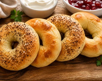 May include: Four golden-brown bagels arranged in a row on a wooden surface. Two bagels are topped with a mixture of poppy seeds, sesame seeds, and coarse salt, while the other two are plain. Small bowls of white cream and red jam are visible.