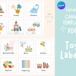 May include: Printable toy labels for organizing a playroom or classroom. The labels feature colorful illustrations of different types of toys, including baby toys, puzzles, dinosaurs, tools, blocks, cars, arts and crafts, music, outdoor toys, play food, fidget toys, and trains. The labels are 2.5 inches by 2.5 inches.