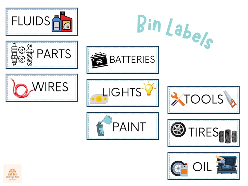 May include: A set of 10 colorful bin labels for organizing a garage or workshop. The labels include: Fluids, Parts, Batteries, Wires, Lights, Tools, Paint, Tires, Oil.