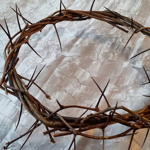 May include: A brown woven crown of thorns with sharp points. The crown is on a white textured background.