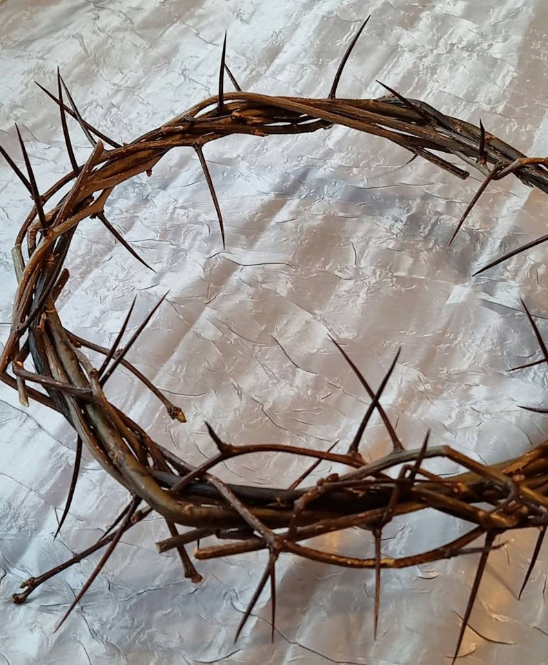 May include: A brown woven crown of thorns with sharp points. The crown is on a white textured background.