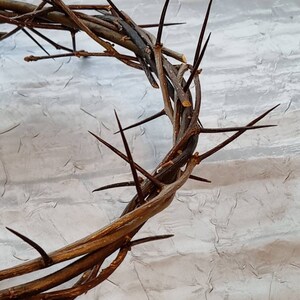 May include: A brown woven crown of thorns with sharp black thorns. The crown is on a white textured background.