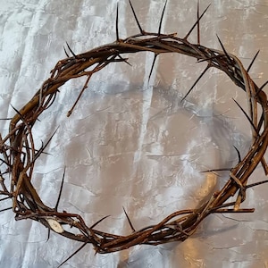 May include: A brown woven crown of thorns with sharp points. The crown is made of natural materials and has a rustic appearance.