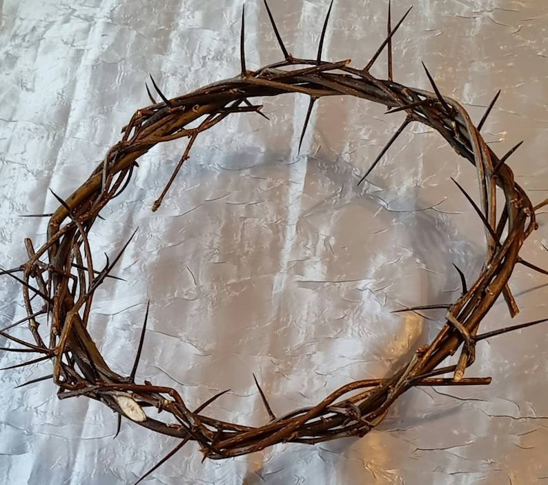 May include: A brown woven crown of thorns with sharp points. The crown is made of natural materials and has a rustic appearance.