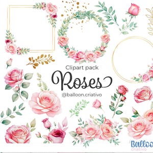 Pode incluir: Um pacote de clipart de rosas de aquarela em rosa e verde com detalhes dourados. O pacote inclui uma coroa, uma moldura, rosas individuais e quatro padrões sem costura. O texto "Clipart pack Roses @balloon.criativo" está incluído na imagem.