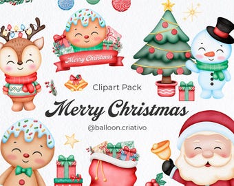 Vrolijk Kerstfeest Clipart Pakket, digitale waterverf, feestbenodigdheden, direct downloaden, digitaal papier, Kerstman, rendier, kerstboom