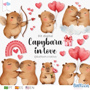 Capybara In Love Clipart Pack, digitale aquarelillustratie, feestbenodigdheden, direct downloaden, digitaal papier, schattige capybara, schattig dier