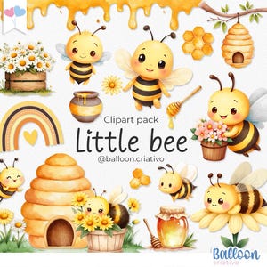 Pacchetto Clipart di piccole api, illustrazione ad acquerello, articoli per feste, download immediato, carta digitale, ape carina, miele, fiori, favo, alveare