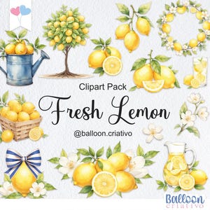 Könnte beinhalten: Ein Aquarell-Clipart-Paket mit Zitronen und Zitronen-Elementen. Enthält einen Zitronenbaum, eine Gießkanne mit Zitronen, einen Zitronenkranz und Muster. Der Text "Fresh Lemon" wird angezeigt.