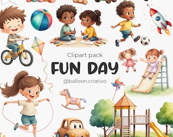 Fun Day Clipart Pack, digital watercolor illustration, party supplies, Instant download, digital paper, kids, toys, playground, park, child