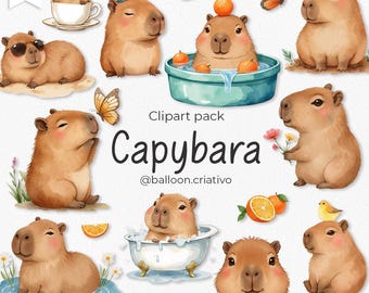 Capybara Clipart Pack, digital watercolor illustration, party supplies, Instant download, digital paper, cute capybara, cappy, cute animal