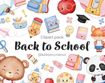 Back to School Clipart Pack, digital watercolor illustration, party supplies, Instant download, digital paper, school, cute animals, kids