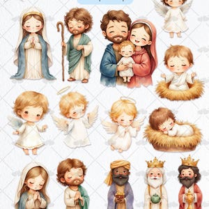 Op de afbeelding: Een verzameling aquarel illustraties met religieuze figuren en engelen. De afbeeldingen bevatten de Heilige Familie, engelen met vleugels en de Drie Wijzen. De tekst "58 Images PNG | 300 dpi" staat bovenaan. De illustraties zijn in zachte pastelkleuren.