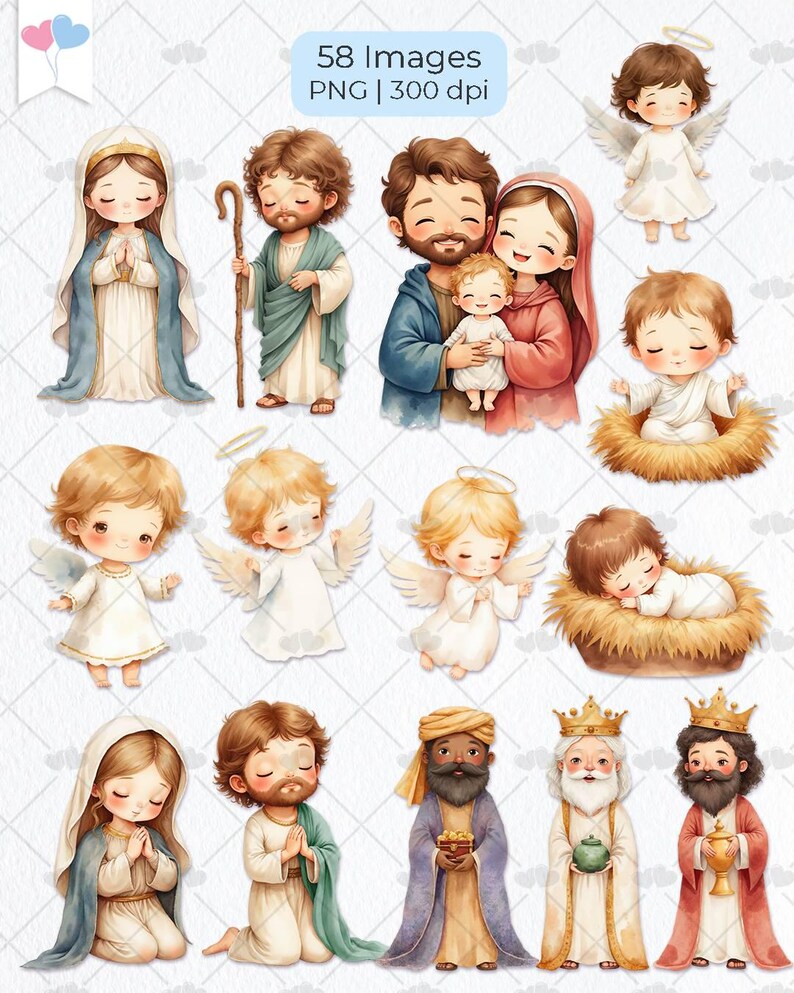 Op de afbeelding: Een verzameling aquarel illustraties met religieuze figuren en engelen. De afbeeldingen bevatten de Heilige Familie, engelen met vleugels en de Drie Wijzen. De tekst "58 Images PNG | 300 dpi" staat bovenaan. De illustraties zijn in zachte pastelkleuren.