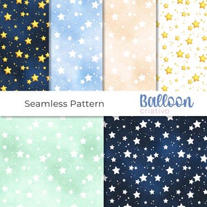 Op de afbeelding: Een verzameling naadloze patronen met sterontwerpen. De patronen omvatten een donkerblauwe achtergrond met gouden sterren, een lichtblauwe achtergrond met witte sterren, een beige achtergrond met witte sterren en een witte achtergrond met gouden sterren. De tekst "Seamless Pattern" is zichtbaar.