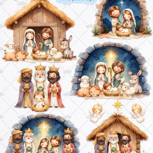 Op de afbeelding: Waterverfillustraties van de kerststal, met Maria, Jozef, baby Jezus, de Drie Wijzen, engelen en dieren. De afbeeldingen tonen een rustieke stal en gewelfde achtergronden met een sterrenhemel. Tekst: Composition PNG | 300 dpi.