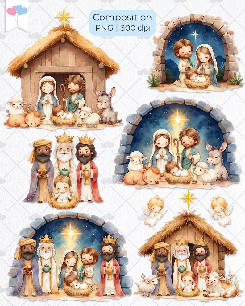 Op de afbeelding: Waterverfillustraties van de kerststal, met Maria, Jozef, baby Jezus, de Drie Wijzen, engelen en dieren. De afbeeldingen tonen een rustieke stal en gewelfde achtergronden met een sterrenhemel. Tekst: Composition PNG | 300 dpi.