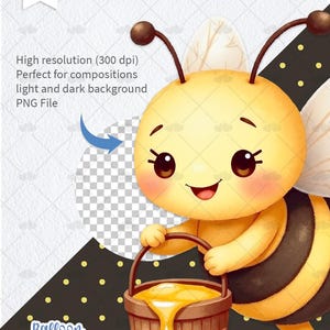 May include: A cartoon bee with a big smile, holding a wooden bucket overflowing with honey. The bee is yellow and black with brown antennae and wings. The background is a black and yellow polka dot pattern.