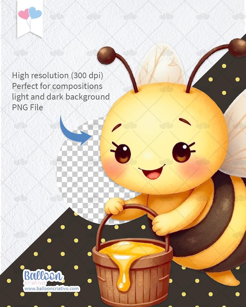 May include: A cartoon bee with a big smile, holding a wooden bucket overflowing with honey. The bee is yellow and black with brown antennae and wings. The background is a black and yellow polka dot pattern.
