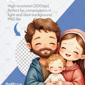 Op de afbeelding: Een digitale illustratie van een gezin, met een man met baard, een vrouw met een roze hoofdbedekking en een baby. De afbeelding heeft een lichte en luchtige uitstraling, met zachte kleuren en een focus op de uitdrukkingen van het gezin. Tekst: "Hoge resolutie (300dpi)" en "PNG-bestand".