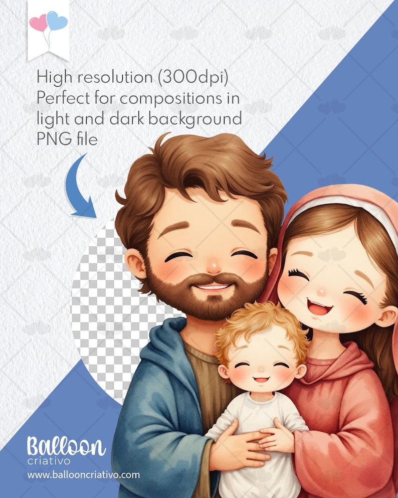 Op de afbeelding: Een digitale illustratie van een gezin, met een man met baard, een vrouw met een roze hoofdbedekking en een baby. De afbeelding heeft een lichte en luchtige uitstraling, met zachte kleuren en een focus op de uitdrukkingen van het gezin. Tekst: "Hoge resolutie (300dpi)" en "PNG-bestand".