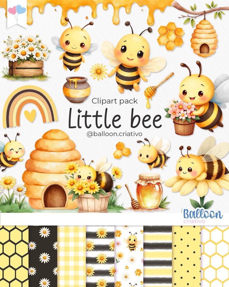 May include: Clipart pack of cute cartoon bees with honeycombs, flowers, and a beehive. The clipart is perfect for creating invitations, cards, and other crafts. The text "Clipart pack Little bee @balloon.criativo" is included in the image.