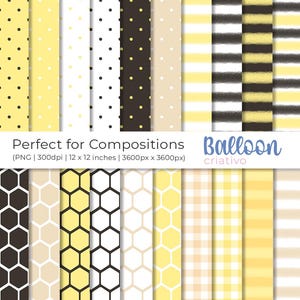 May include: A set of 12 digital paper patterns in yellow, black, and white. The patterns include polka dots, stripes, honeycomb, and gingham. The text "Perfect for Compositions Balloon criativo" is at the bottom of the image.