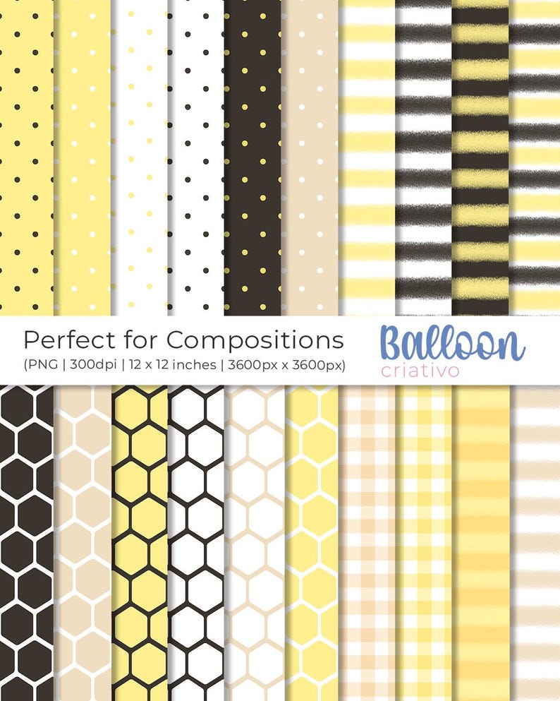 May include: A set of 12 digital paper patterns in yellow, black, and white. The patterns include polka dots, stripes, honeycomb, and gingham. The text "Perfect for Compositions Balloon criativo" is at the bottom of the image.