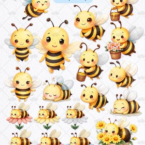 May include: A set of 77 digital illustrations of cute cartoon bees in various poses. The bees are yellow and black with large eyes and smiles. Some bees are holding buckets of honey, flowers, or are sleeping. The illustrations are perfect for adding a touch of whimsy to any project.