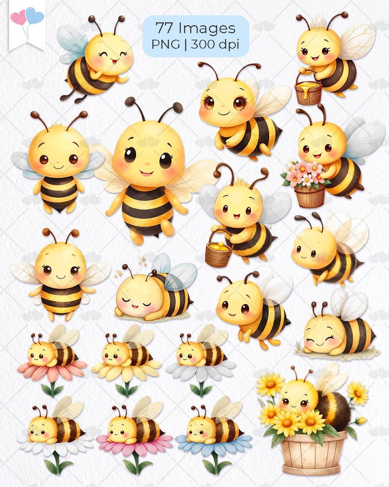 May include: A set of 77 digital illustrations of cute cartoon bees in various poses. The bees are yellow and black with large eyes and smiles. Some bees are holding buckets of honey, flowers, or are sleeping. The illustrations are perfect for adding a touch of whimsy to any project.
