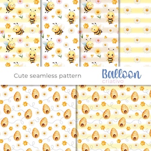 May include: Two seamless patterns featuring cute cartoon bees and honeycombs. The first pattern has bees flying around white daisies and yellow flowers on a white background. The second pattern has honeycombs with bees flying around white daisies on a yellow and white striped background. The text "Cute seamless pattern" and "Balloon creativo" is included in the image.