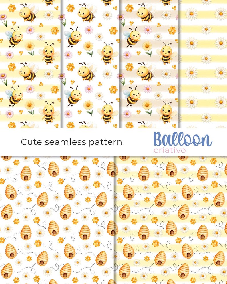 May include: Two seamless patterns featuring cute cartoon bees and honeycombs. The first pattern has bees flying around white daisies and yellow flowers on a white background. The second pattern has honeycombs with bees flying around white daisies on a yellow and white striped background. The text "Cute seamless pattern" and "Balloon creativo" is included in the image.