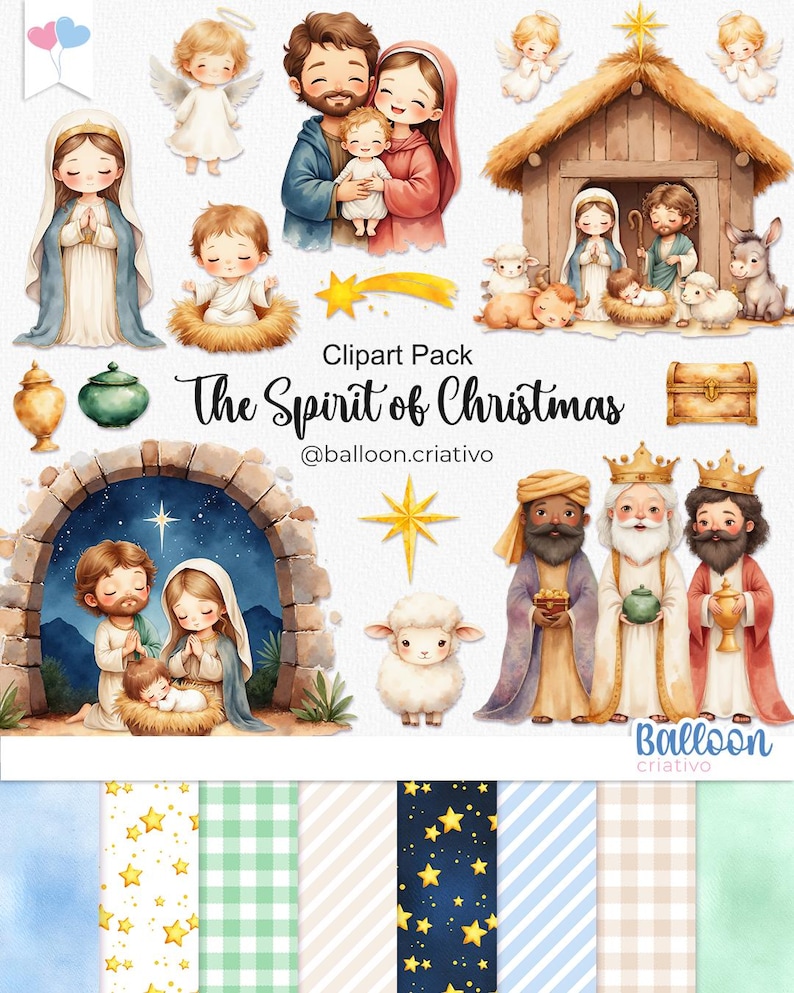 Op de afbeelding: Een verzameling aquarel illustraties met het thema Kerstmis. De afbeeldingen bevatten de Heilige Familie, engelen, de Drie Wijzen en een kerststal. De tekst "Clipart Pack The Spirit of Christmas" is ook inbegrepen.