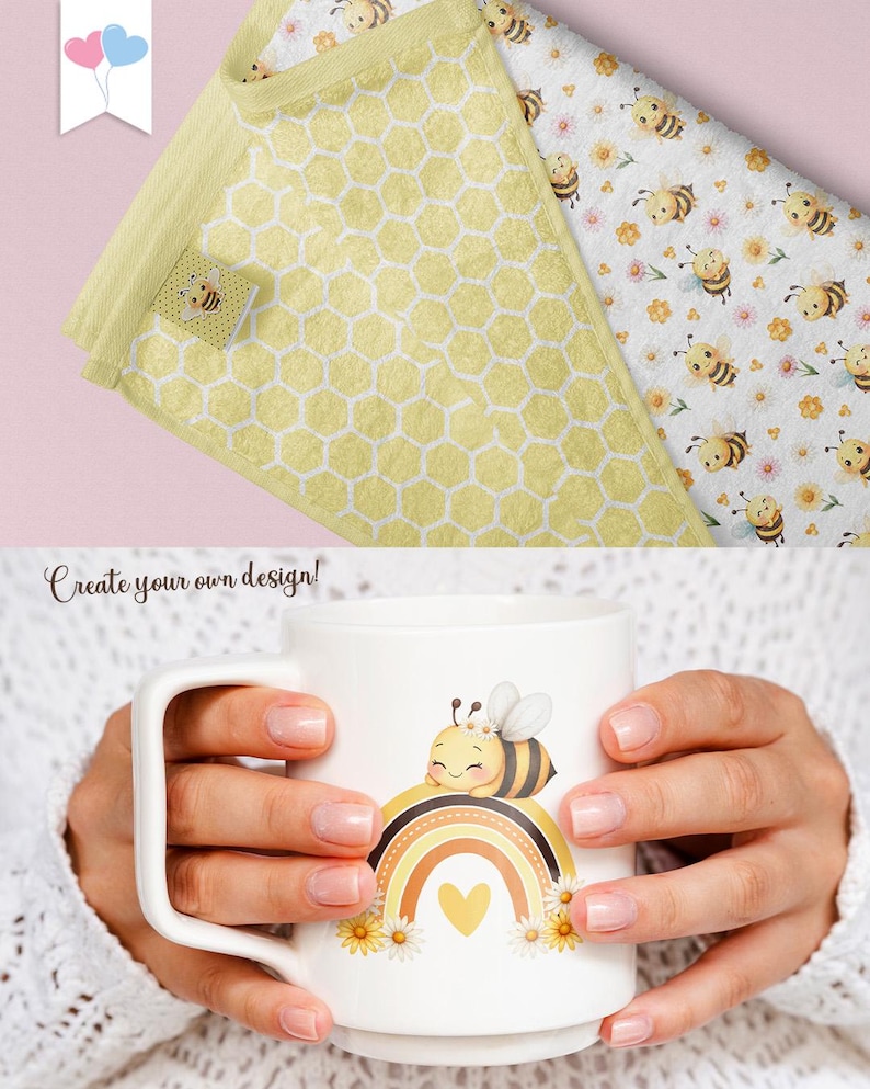 May include: A white ceramic mug with a cute cartoon bee sitting on a rainbow with a yellow heart. The bee has a flower crown and is smiling. The mug is surrounded by white daisies.
