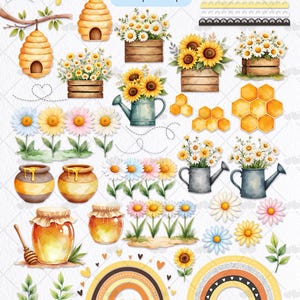 May include: A set of watercolor illustrations featuring honeybees, sunflowers, daisies, honey jars, and honeycomb. The illustrations are in a yellow, white, and brown color scheme. The set includes a rainbow, hearts, and a beehive.