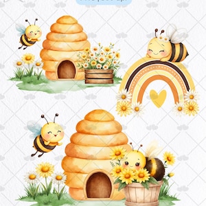 May include: Two watercolor illustrations featuring a cute cartoon bee. The first illustration shows a bee flying near a beehive with a wooden box and yellow flowers. The second illustration shows a bee sitting on a rainbow with a heart and yellow flowers.