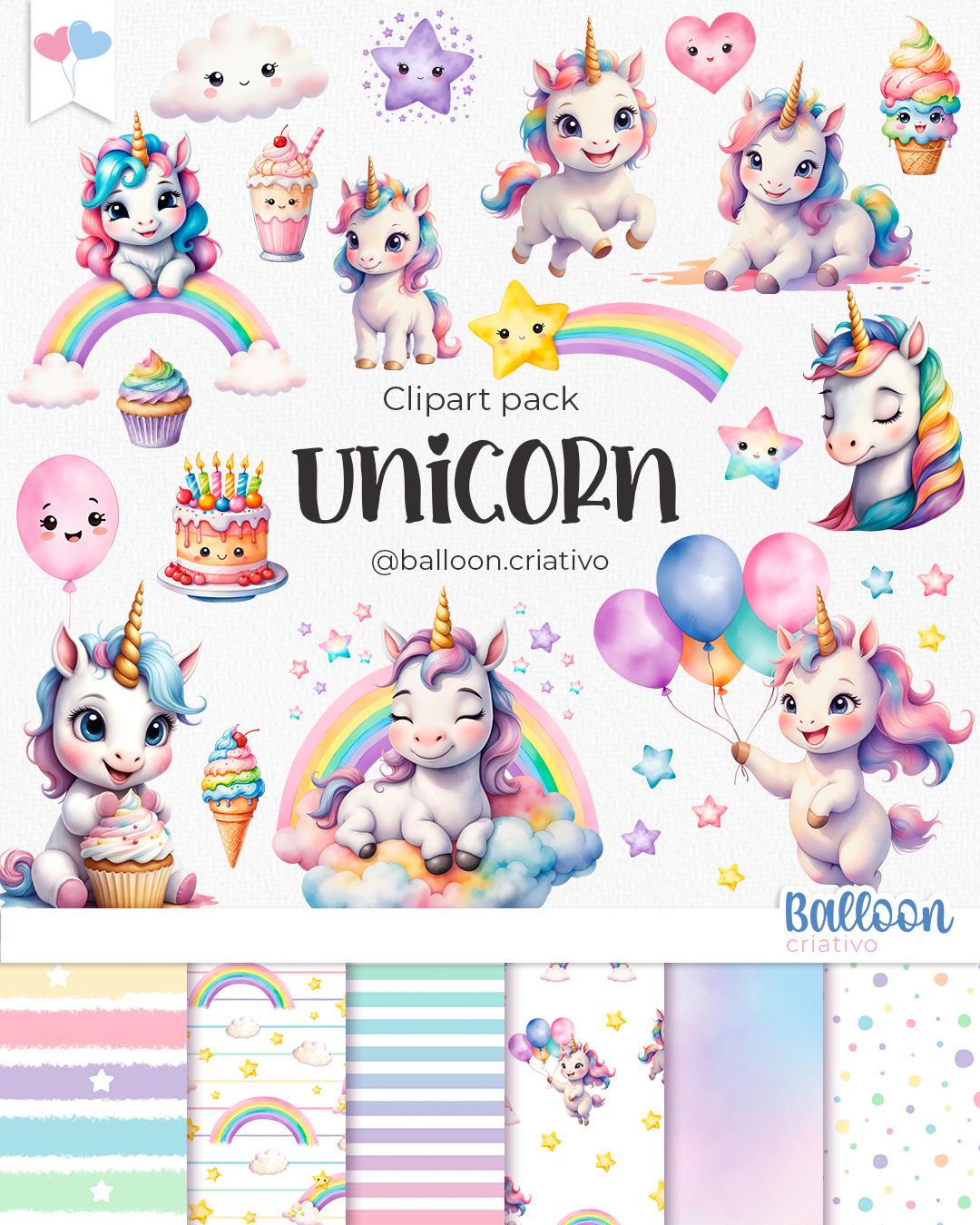 Unicorn Clipart Pack, digital watercolor illustration, party supplies, Instant download, digital paper, cute unicorn, rainbow, cute animal