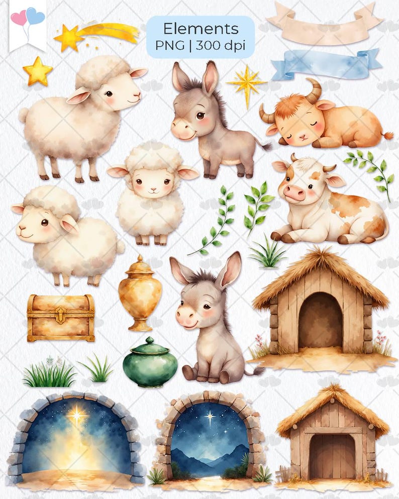 Op de afbeelding: Waterverfillustratie van diverse kerstelementen, waaronder schapen, ezels, koeien, sterren en een stal. De afbeelding bevat ook een schatkist, bogen en de tekst "Elements PNG | 300 dpi".