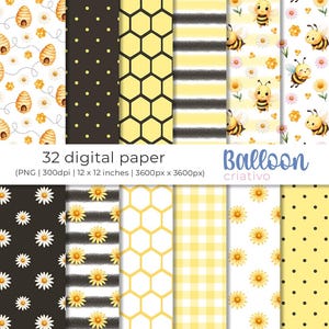 May include: A set of 32 digital papers featuring a bee and honeycomb theme. The papers include various patterns such as polka dots, stripes, gingham, and floral designs. The papers are perfect for crafting, scrapbooking, and other creative projects.