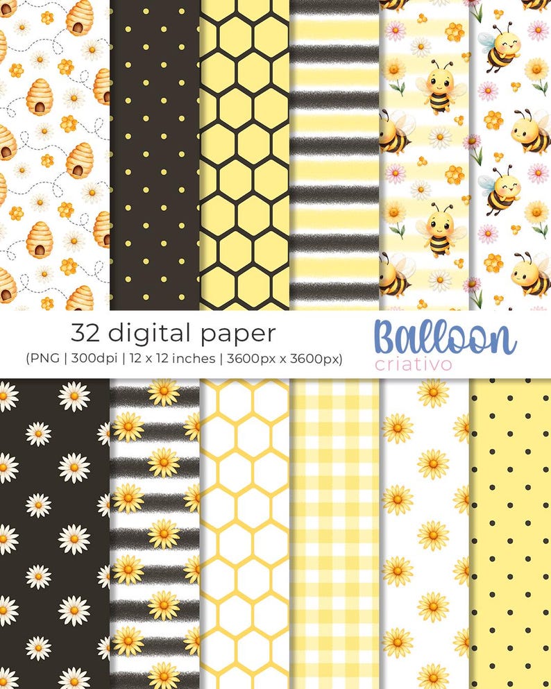 May include: A set of 32 digital papers featuring a bee and honeycomb theme. The papers include various patterns such as polka dots, stripes, gingham, and floral designs. The papers are perfect for crafting, scrapbooking, and other creative projects.