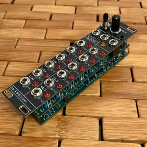 May include: A black modular synthesizer clock and divider module featuring a series of silver input and output jacks, red indicator lights, a single black rotary knob, a toggle switch, and a reset button, with white text labels printed on the panel.