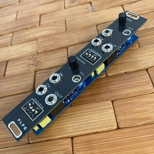 以下が含まれることがあります： PLPGとラベル付けされた黒いモジュラーシンセサイザーパネル。2組の入出力ジャック、CVポート、強度ノブ、トリムポテンショメータ、4ポジションのDIPスイッチを備えており、パネルの下には電子回路基板が見えています。