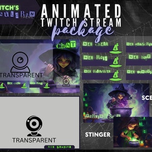 May include: Animated Twitch stream package with a witch theme. The package includes a chat screen, scenes, and alerts for new subscribers, hosts, raids, followers, and donations. The alerts are green and purple with a witch's hat icon.