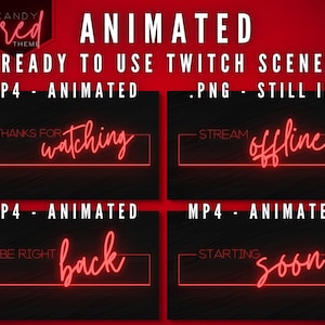 Animated Neon Red Twitch Streaming Scenes - Screen Pack - Starting Soon, Be Right Back, Thanks For Watching, Offline - Gamer Beauty Hair