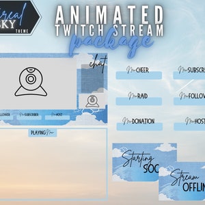 May include: Animated Twitch stream package with a blue and white sky theme. The package includes a webcam overlay, chat box, and alerts for new followers, subscribers, hosts, raids, cheers, and donations. The package also includes a starting soon and stream offline screen.